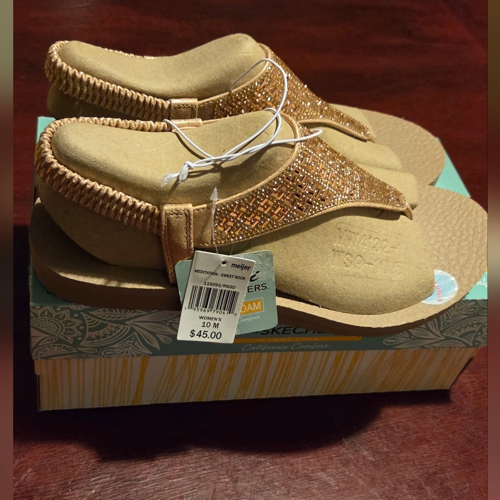 Skechers Women's  Gold Strappy Slip-On Comfort Sandals